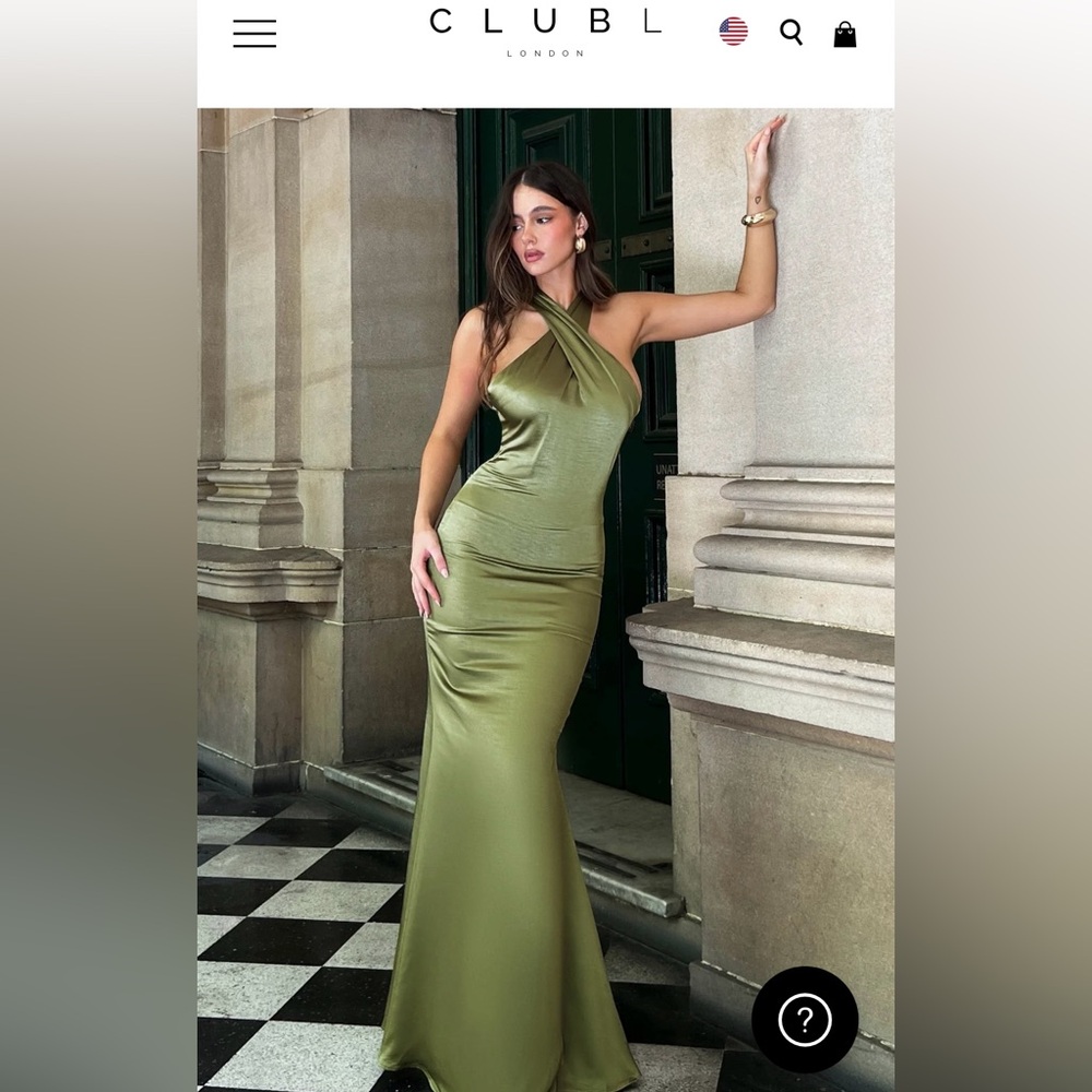 Club London “Unstoppable” NWT Olive Green Satin Crossover Halter Neck Maxi Dress